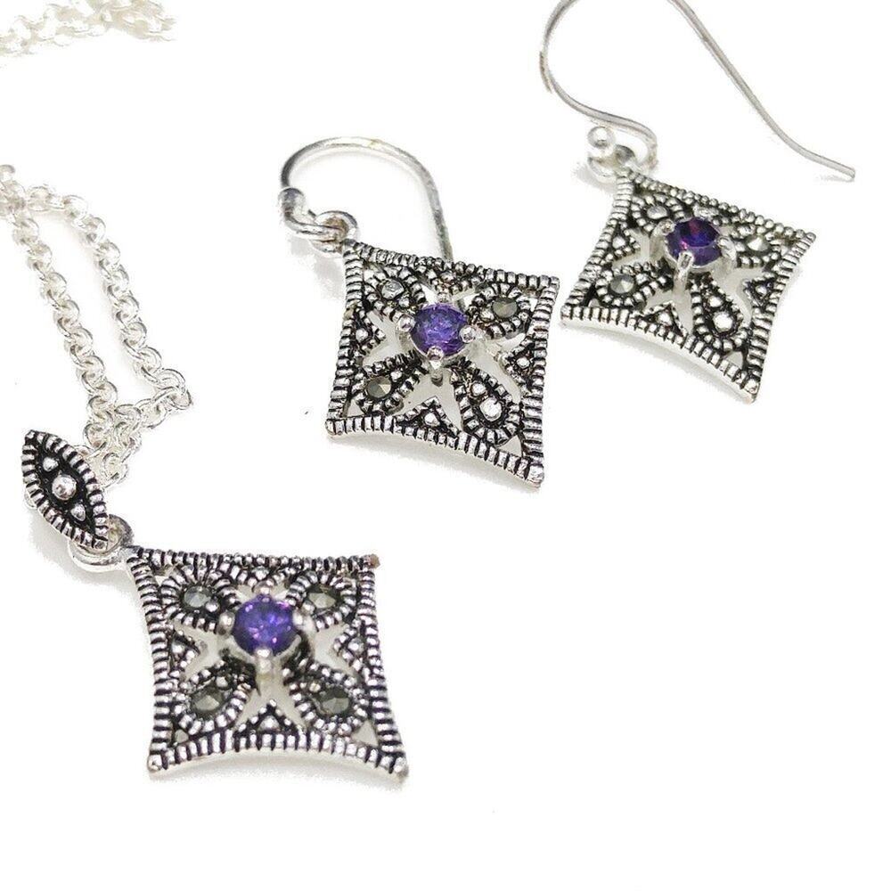 Marcasite Silver Plate Purple Rhinestone Necklace & Earrings, Made in Thailand